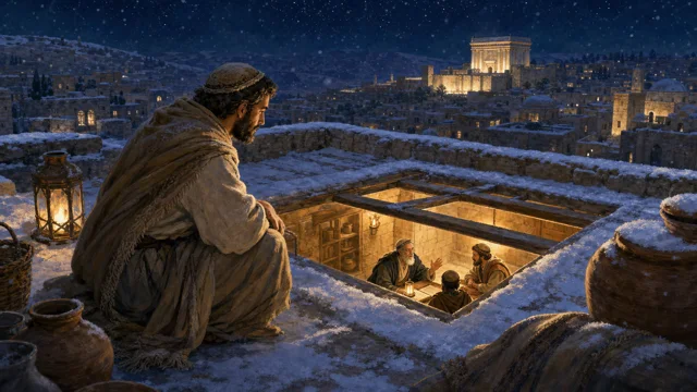 הלל ליד חלון בית מדרש מואר בלילה מושלג